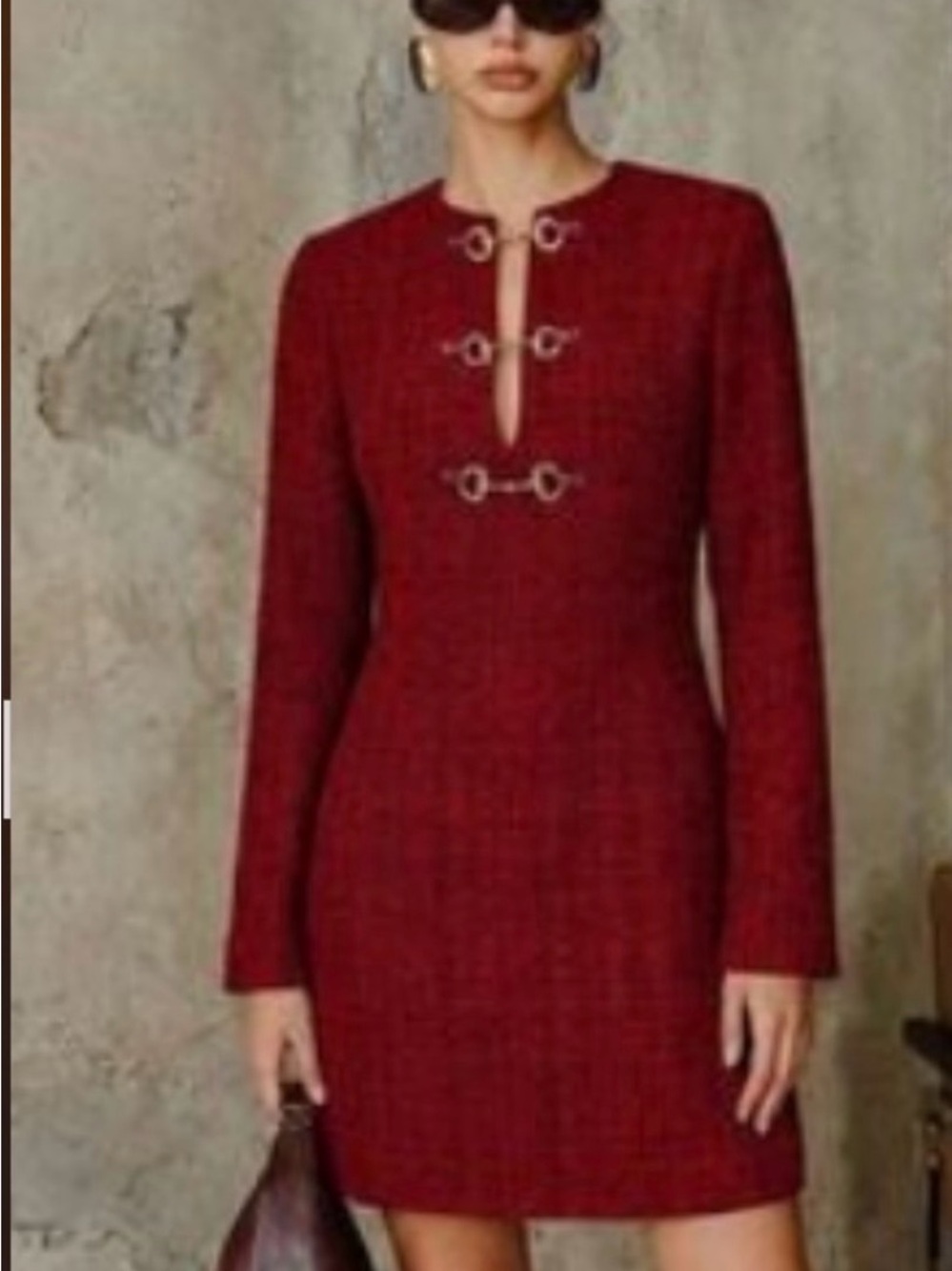 Commense Red Tweed Mini Dress with Gold Tone Accents